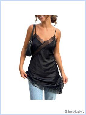 Satin Lace Cami Top Silk V Neck Spaghetti Strap Asymmetrical Hem Long Slip Dress